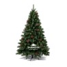 A lush green artificial Christmas tree adorned with pine cones and warm white lights. A lush green artificial Christmas tree adorned with pine cones and warm white lights.