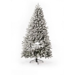 Sapin artificiel enneigé, élégant, en forme conique, sur support noir.