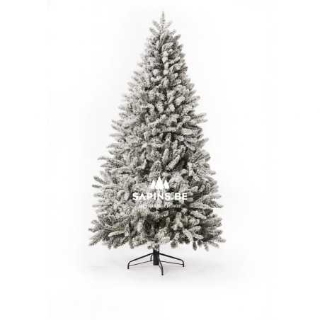 Sapin artificiel enneigé, élégant, en forme conique, sur support noir. Sapin artificiel enneigé, élégant, en forme conique, sur support noir.