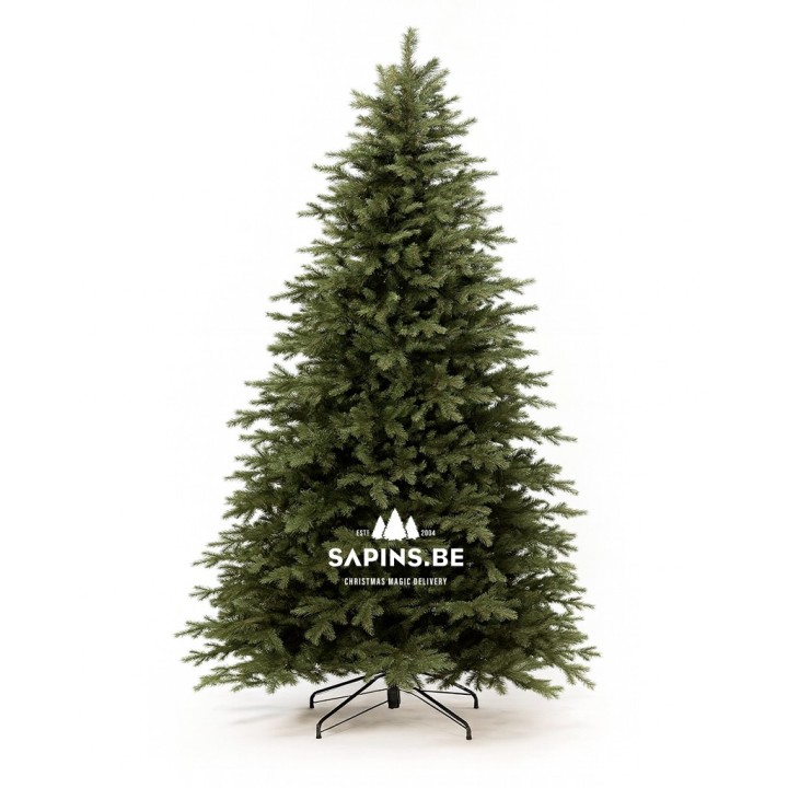 A tall, lush green artificial Christmas tree with a sturdy black metal stand.