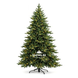 Sapins artificiels verdoyants illuminés, en forme conique, sur support métallique.