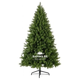 A lush, green artificial Christmas tree with a sturdy black metal stand.