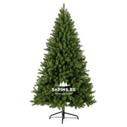 Sapin de Noël artificiel, vert éclatant, en forme de cône, avec support noir.