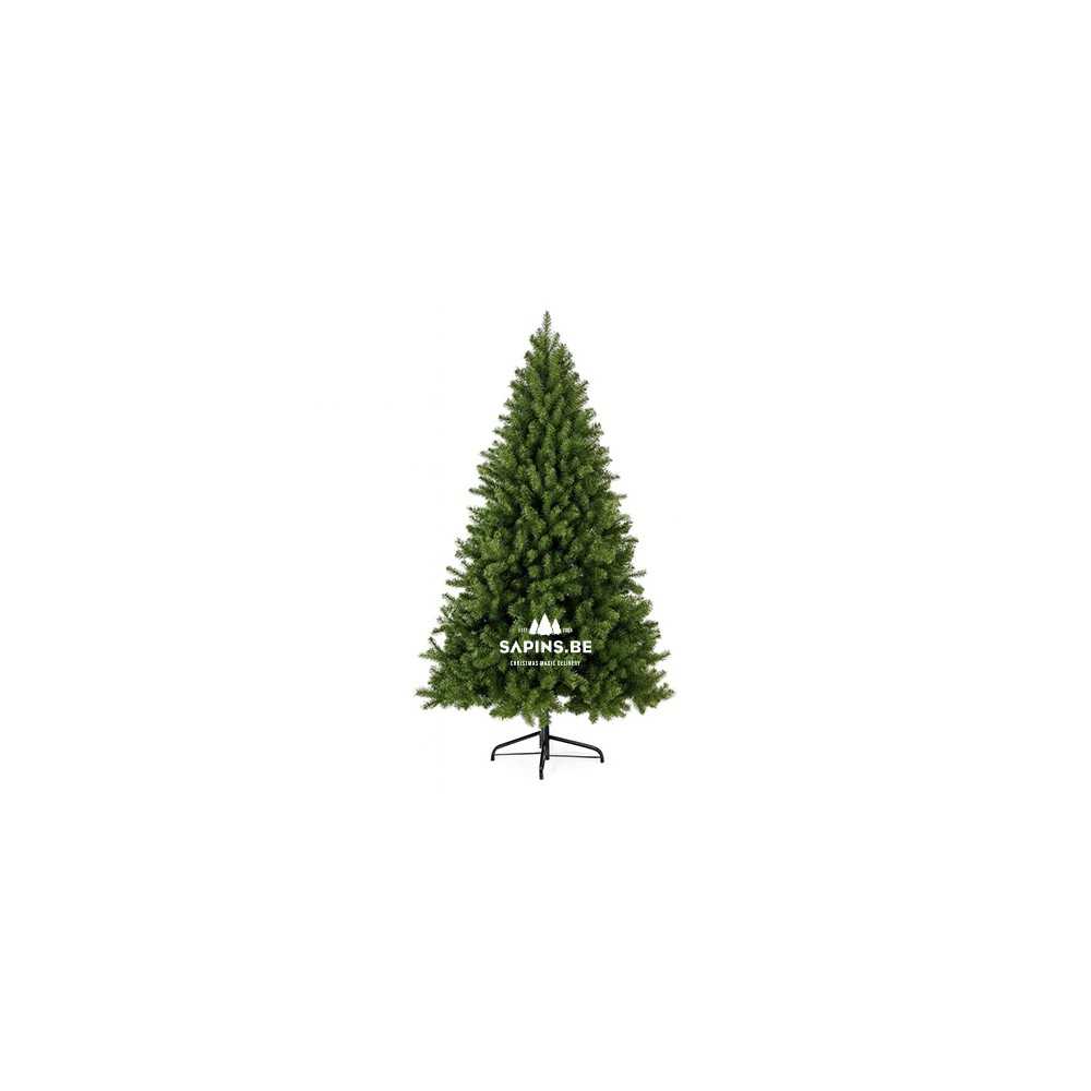 Groene kunstkerstboom met een volle, natuurlijke uitstraling en een zwarte metalen standaard.