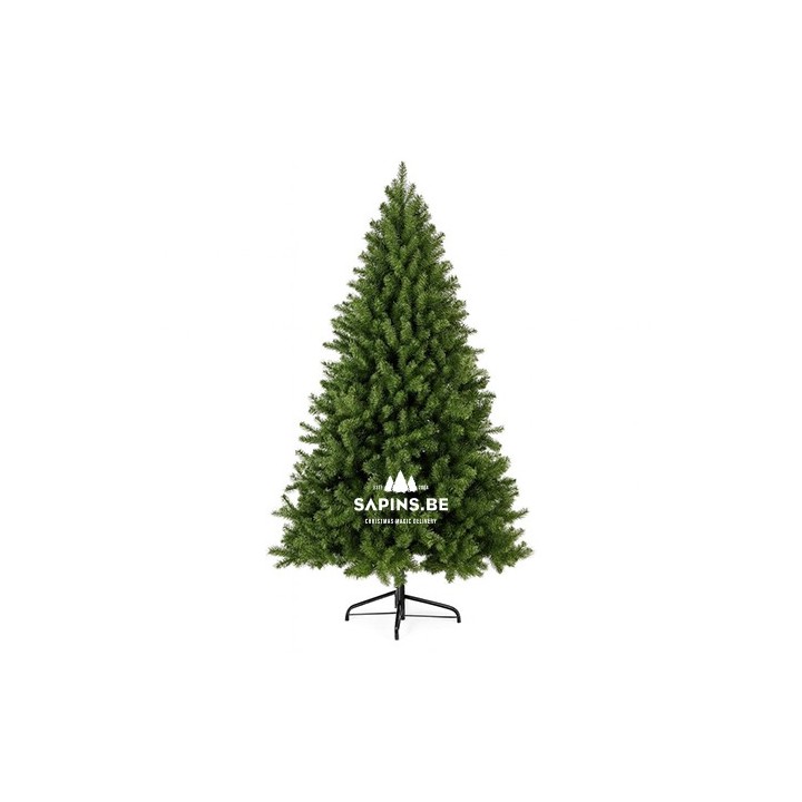 A lush, green artificial Christmas tree with a sturdy black metal stand.