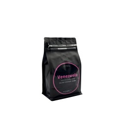 Black coffee bag with a bold pink label reading "Venezuela," sleek and modern design.