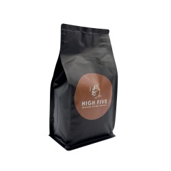 A sleek black coffee bag with a round brown label featuring the brand name "HIGH FIVE."