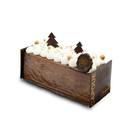 A rich chocolate log cake topped with white cream, golden spheres, and chocolate trees.