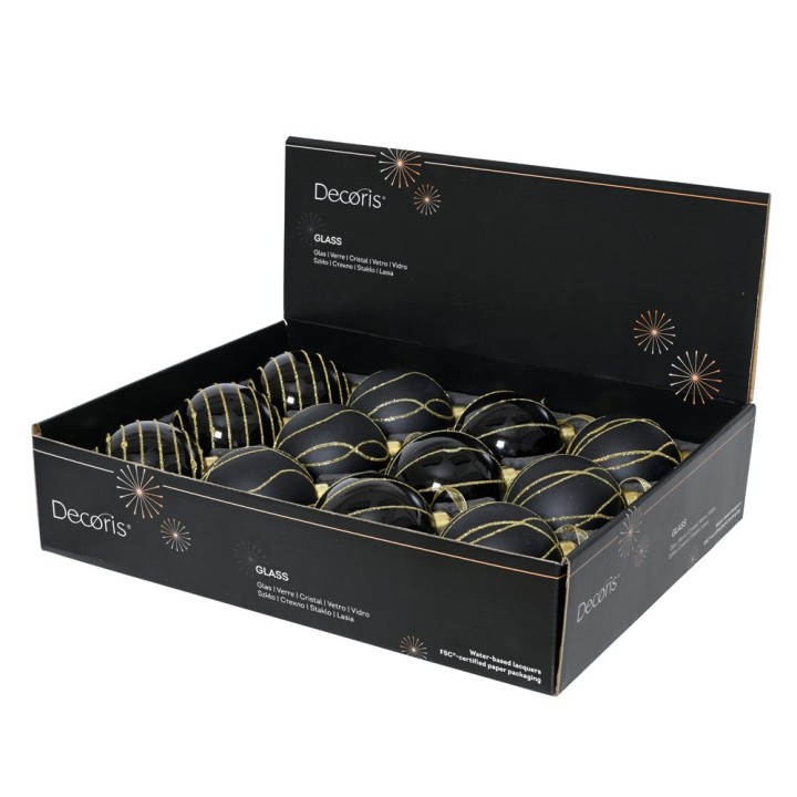 Boules de Noël en verre noir et doré, présentées dans une boîte élégante.