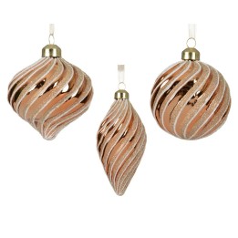 Ornements de Noël en verre rose doré, aux formes spiralées et scintillantes.