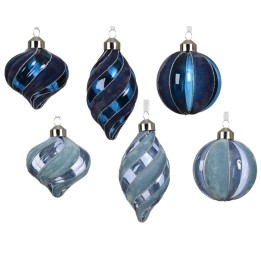 Boules de Noël en verre bleu et vert, aux formes spirales et reflets brillants.