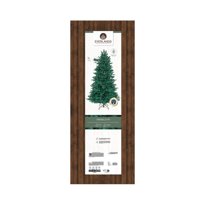 Een groene kunstkerstboom met een houten achtergrond en gedetailleerde productinformatie.