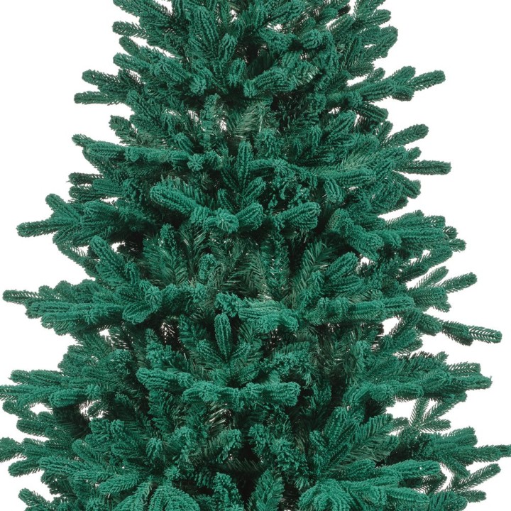 A lush, green artificial Christmas tree with dense, textured branches.