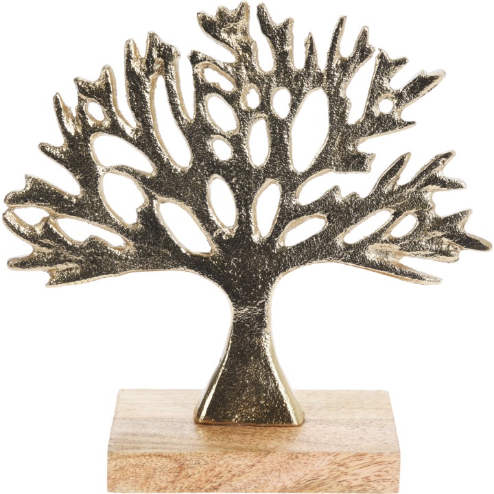 Sapin en aluminium doré sur socle en bois de manguier 16 cm