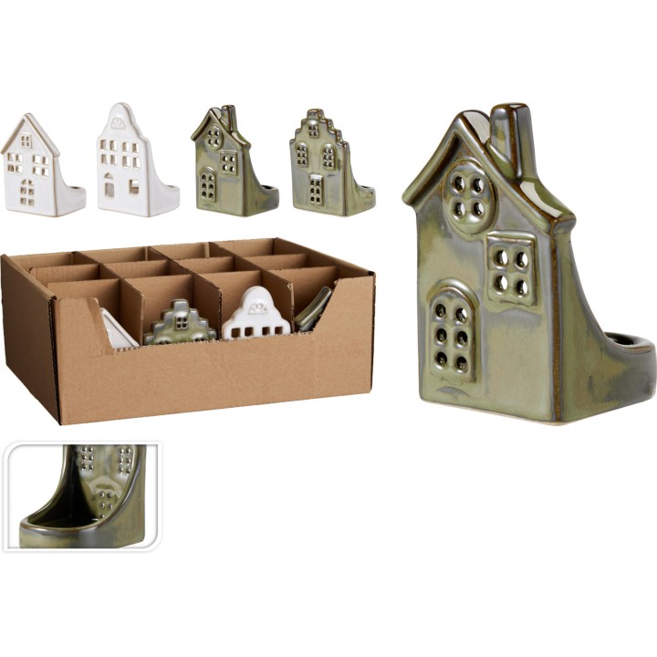 Porcelain house tealight holder 6 x 8 cm - 4 assorted designs