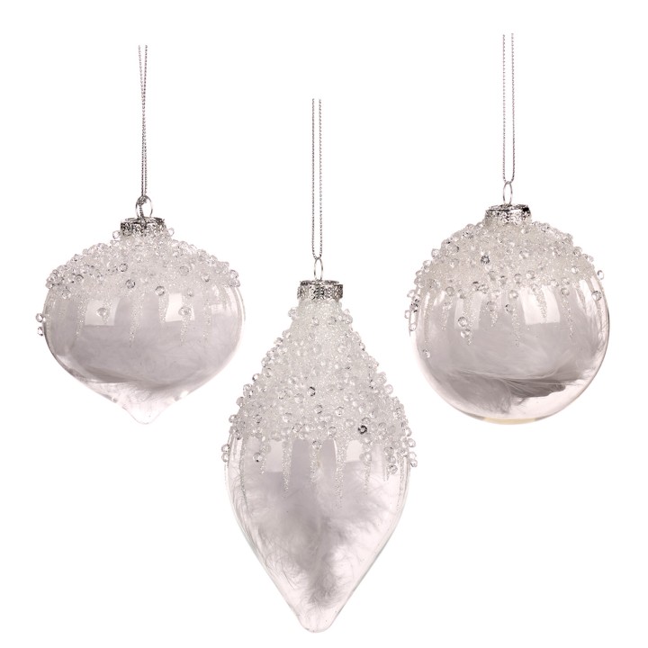 Glazen hanger met witte veren