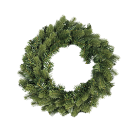 A circular wreath made of lush, green pine-like foliage.