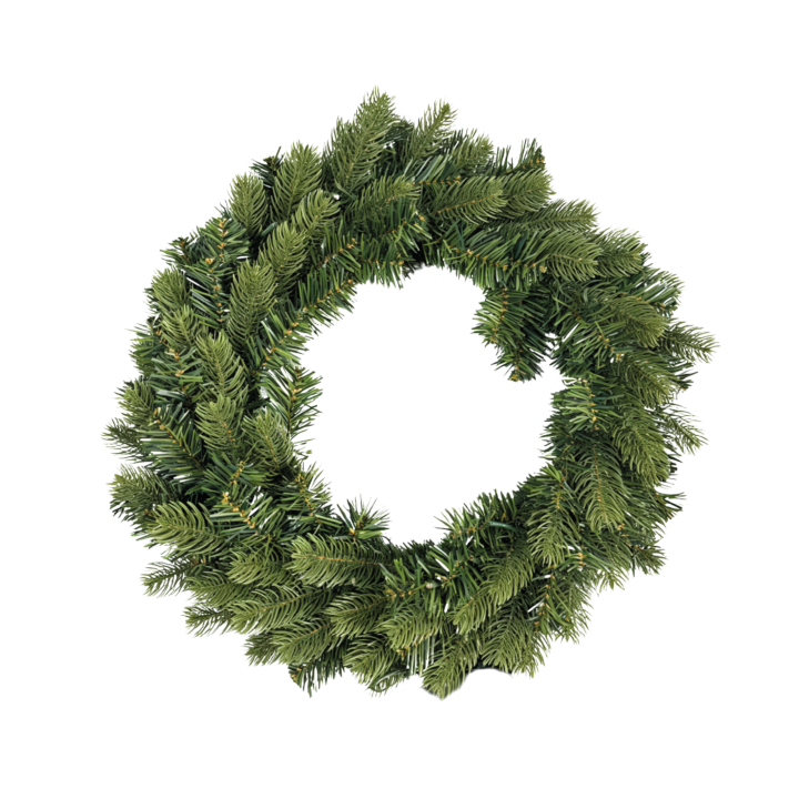 A circular wreath made of lush, green pine-like foliage.