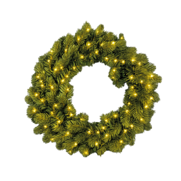 Groene dennenkrans met warme, witte lichtjes die een feestelijke uitstraling geven.
