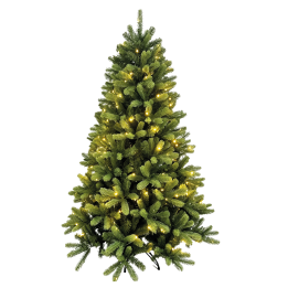 Groene kunstkerstboom met zachte takken, versierd met warme, sprankelende lichtjes.