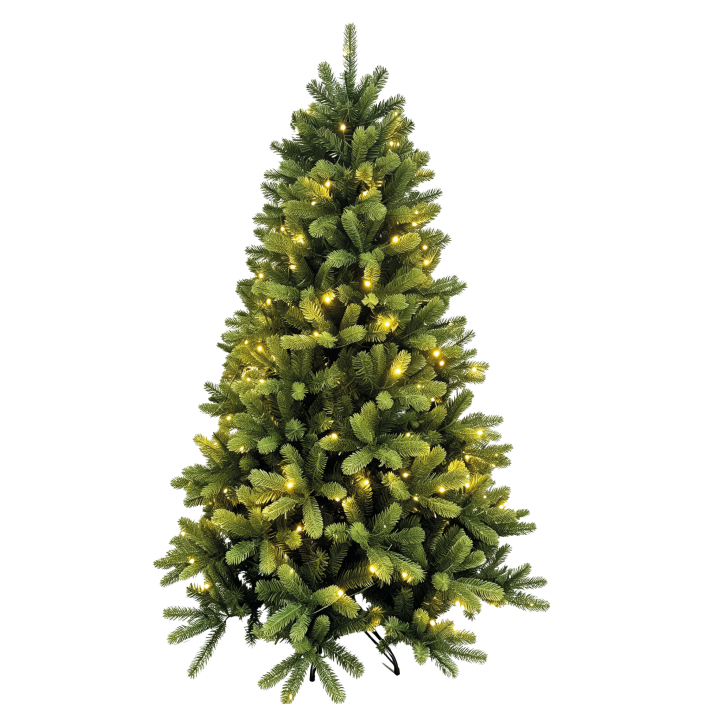 Groene kunstkerstboom met zachte takken, versierd met warme, sprankelende lichtjes.