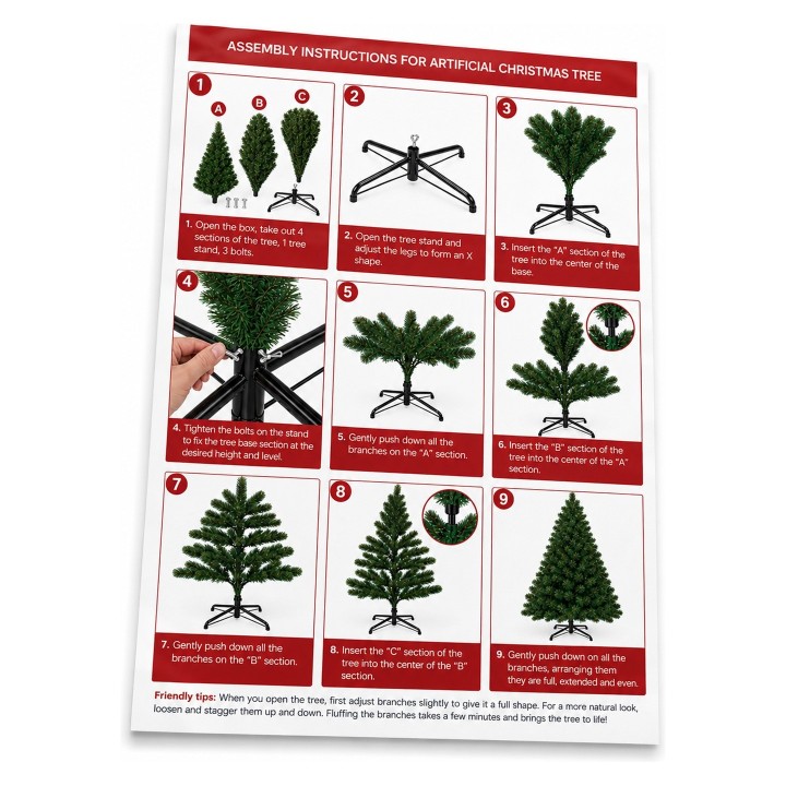 Instructions en étapes pour assembler un arbre de Noël artificiel, sur fond blanc.