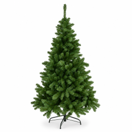 Een kunstkerstboom in volle, donkergroene kleur met een metalen standaard.