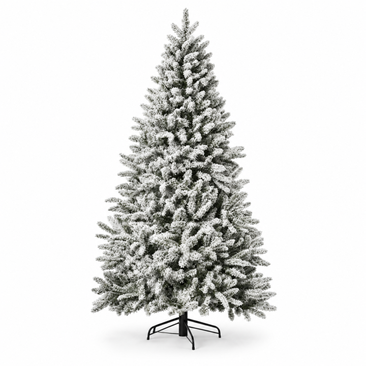 Een kunstkerstboom met besneeuwde takken op een zwart metalen standaard.