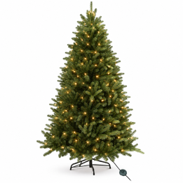 Groene kunstkerstboom met warme verlichting, in een moderne, slanke vorm.