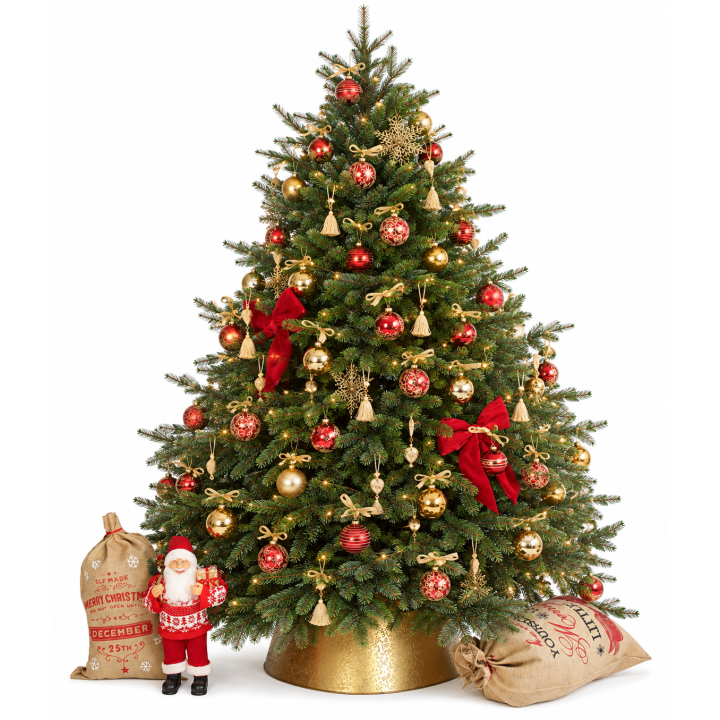 Kerstboom met rode en gouden versieringen, geschenken en een kerstmanfiguur.