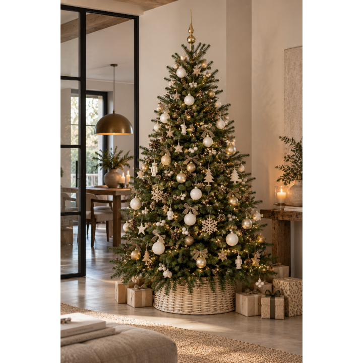 Real Christmas tree decorated in white and gold, surrounded by gifts
