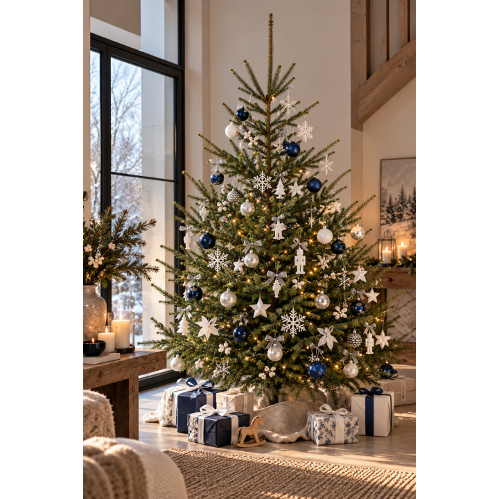 Sapin de Noël décoré de bleu et argent, entouré de cadeaux et d'une ambiance chaleureuse.