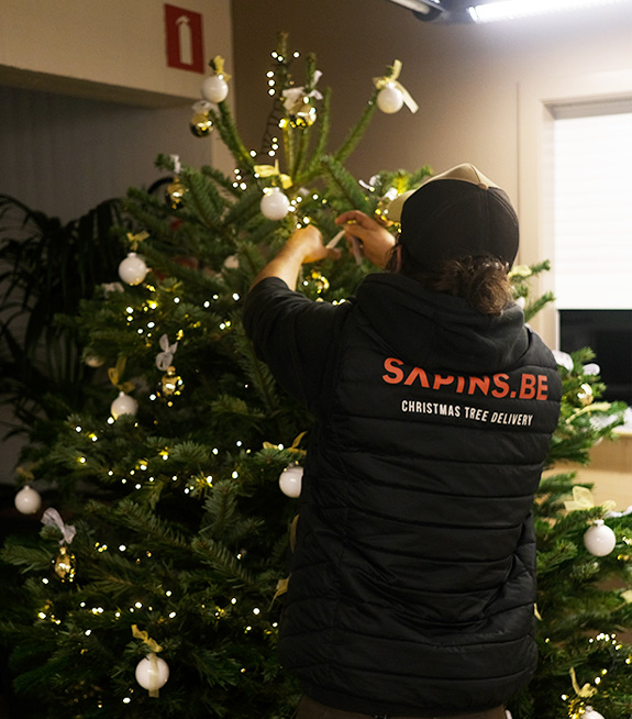Placing Christmas decorations on a corporate tree