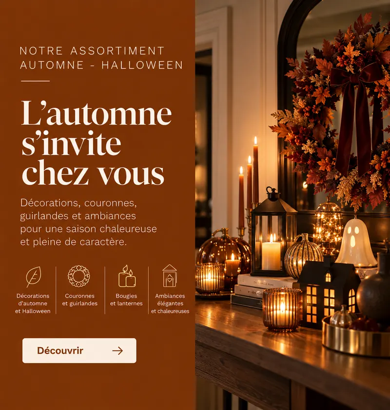 Notre assortiment Automne - Halloween : décorations, couronnes, guirlandes et bougies