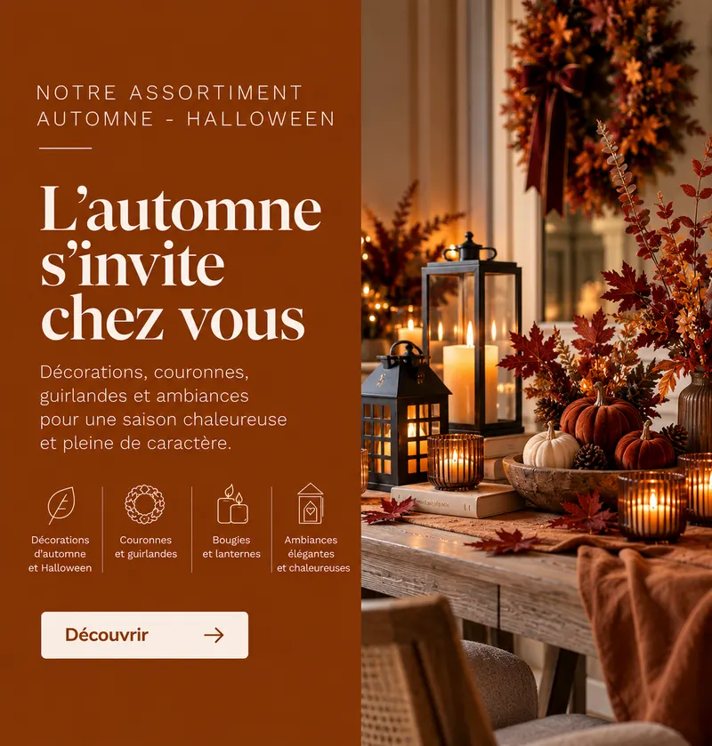 Notre assortiment Automne - Halloween : décorations, couronnes, guirlandes et bougies