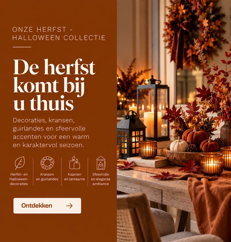 Ons herfst- en Halloween-assortiment: decoraties, kransen, slingers en kaarsen
